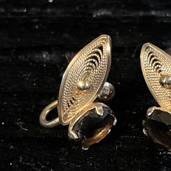 Vintage 1/20 12k Gold Filled Filigree Smoky Quartz Screw Back Earrings - Picture 2 of 6